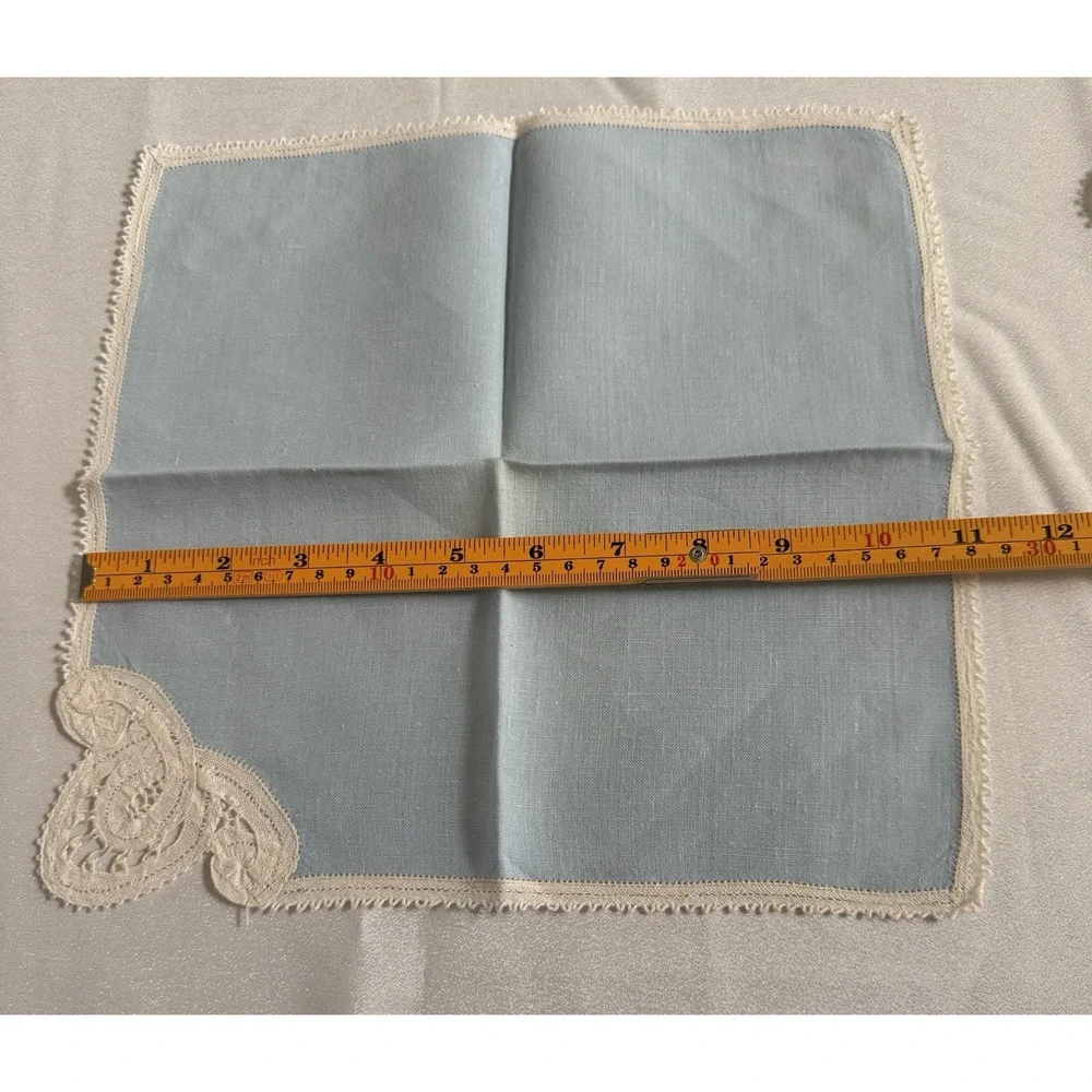 Vintage Blue Linen Placemats 16x11 Napkins 11x11 Set 23pc Lace Trim Estate